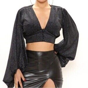 Embellished Velvet Rhinestone Balloon Sleeve Blouse‎ size S RefM005